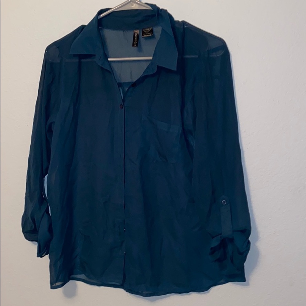 Blue sheer button up blouse